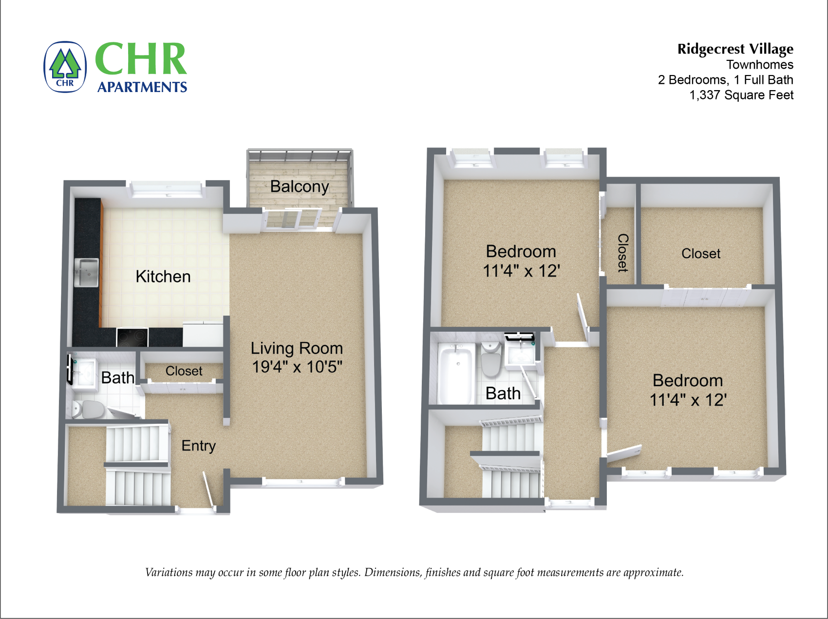 Floor plan for 2 beds, 1.5 baths, 1337 sqft